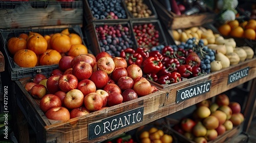 A rustic wooden crate with the inscription "ORGANIC" is filled with an assortment of freshly harvested organic produce, showcasing the natural beauty and diversity of farm-fresh fruits and vegetables