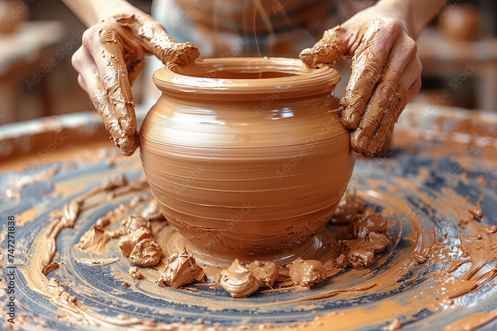 clay on potters table with hands forming clay pot professional photography