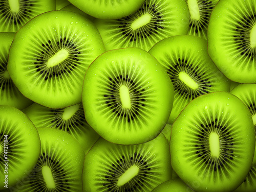 Green kiwi with small black seeds, cut into round slices