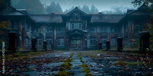 Spooky scene at a traditional Japanese school building eerie atmosphere captured. Concept Japanese School, Spooky Scene, Eerie Atmosphere, Haunting Photography, Traditional Architecture photo