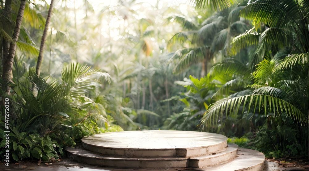 A podium for product presentation against nature backdrop forest ai generated A podium for product presentation against nature backdrop forest ai generated