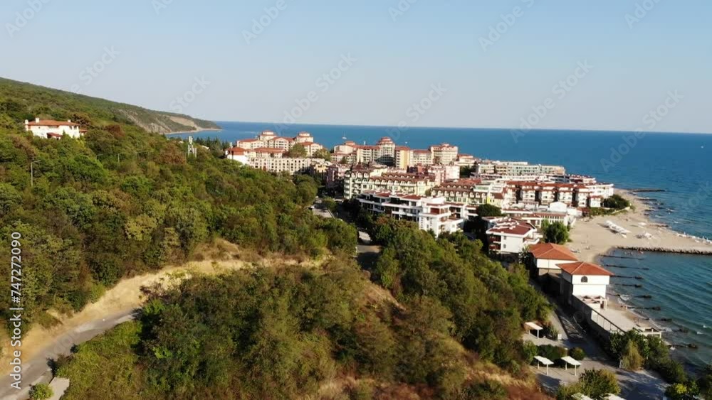 View of drone to sea resort Elenite on the Bulgarian Black Sea coast. Drone view from above. Summer holidays destination View of drone to sea resort Elenite on the Bulgarian Black Sea coast. Drone view from above. Summer holidays destination