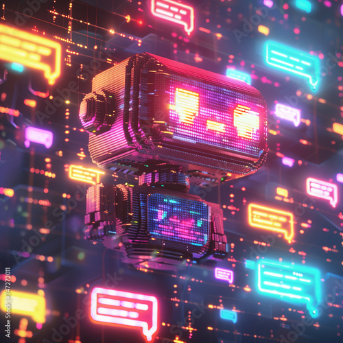Futuristic Robot in Neon Cyberpunk of digital technology world. Future technology AI concept..