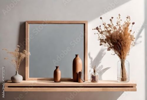 Minimalistic composition on the wooden shelf with dried flowers in vase and elegant personal accessories in stylish living room interior. Copy space.