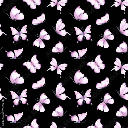 Seamless pattern with pink bright watercolor butterflies on black backdrop. Hand drawn insects design ideal for fabric textile or scrapbooking, paper. Black background © Elena