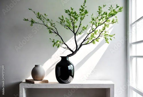 Green tree Branch putted into black glass vase on the natural stone mantel shelf on the white color wall background lit with side window light. Cozy home decor elements concept-