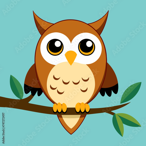 A playful vector illustration of a cartoon owl perched on a branch against a soft blue background, perfect for children's designs. 