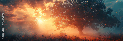 Mystical tree silhouette against sunset and fog. Digital art of dreamy woodland. Fantasy and imagination concept. Design for wallpaper, poster, and print. © Dmitry