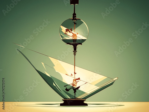 Close-up of a magnetic levitation bulb, its filament suspended in mid-air, casting intricate shadows over an avant-garde desk