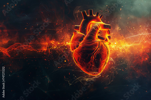 Fiery Heart with Energetic Streaks. Human heart illustration with dynamic fiery streaks on a dark field.