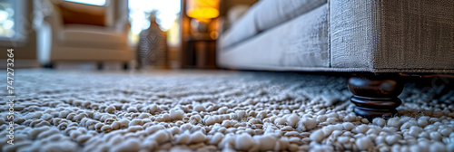 A detailed close-up of a sofa leg against a backdrop of a soft, plush carpet, showcasing the small but essential elements of home interior design
