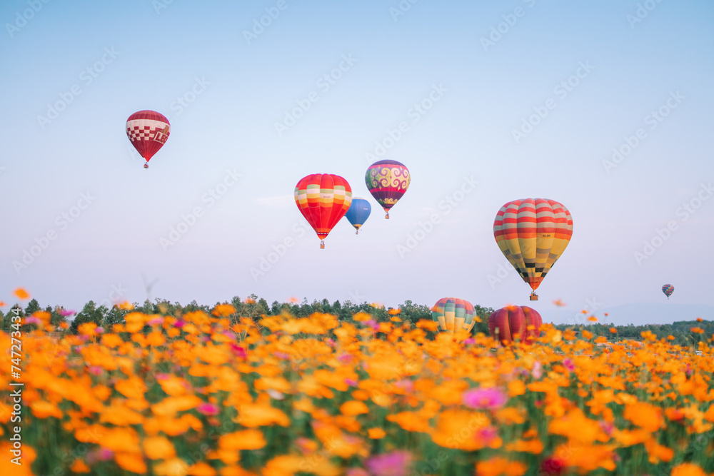 Fototapeta premium Field of flowers with balloons visible in the background