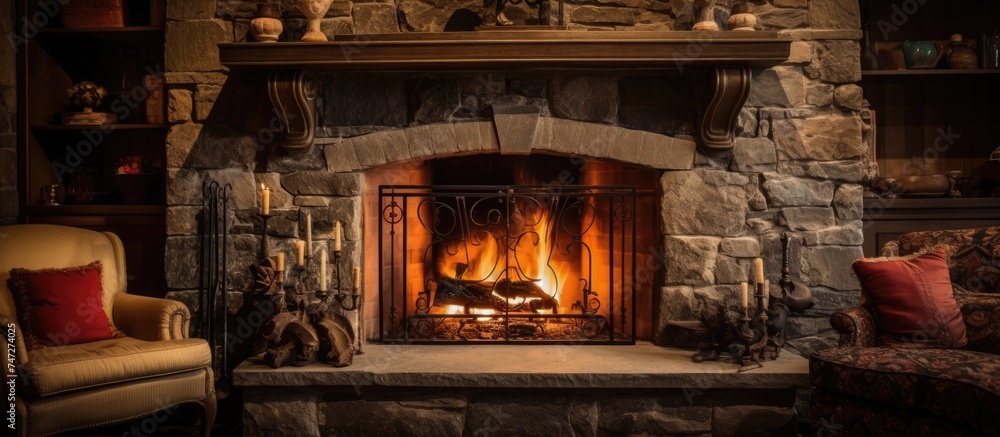 A brightly burning fireplace in a living room filled with furniture, radiating warmth and coziness. The room is adorned with various seating options, tables, and decorations, creating a welcoming