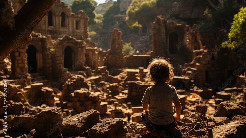 A lone child sits facing ancient ruins at sunset, contemplating history amidst nature's embrace