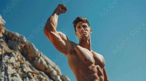 Powerful guy flaunting his pumped, sinewy bicep photo