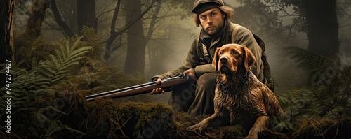 Hunting concept. Deer hunter and dog illustration style. © amazingfotommm