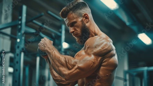 Powerful guy flaunting his pumped, sinewy bicep