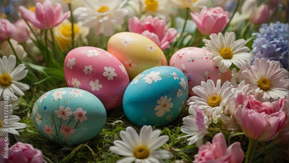 An array of colorful Easter eggs decorated with flowers, nested among blooming spring flora