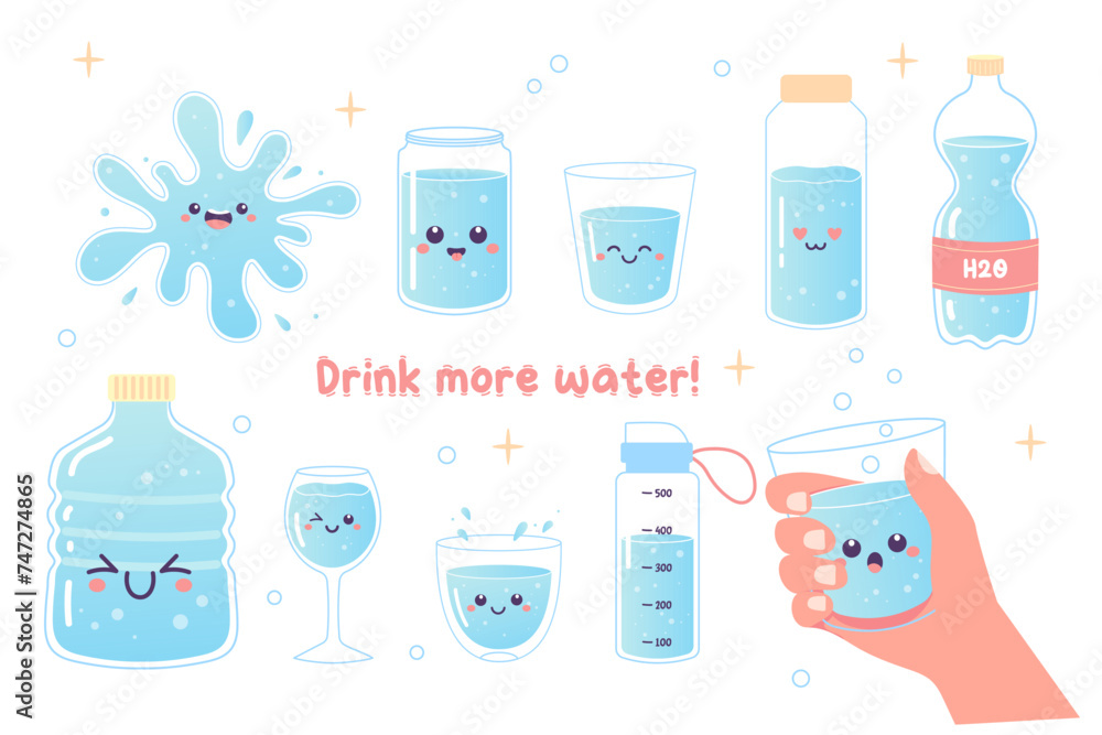 Drink more water set h2o vector illustration, glass, bottle, sports bottle. Drink more water set h2o vector illustration, glass, bottle, sports bottle.