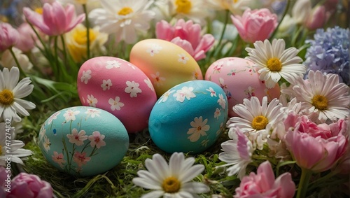 An array of colorful Easter eggs decorated with flowers, nested among blooming spring flora