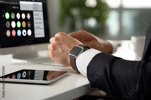 Businessman using a smartwatch to monitor productivity.
 photo