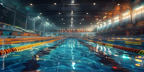 A computergenerated scene depicting a vibrant high school swimming meet at night. Concept Computer-generated scene, High school swimming meet, Vibrant colors, Night setting, Fast-paced action photo