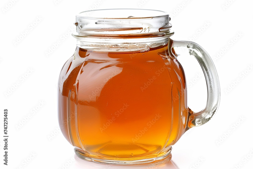 Kombucha tea, contained within a glass jar, stands out against the white backdrop, inviting viewers to savor its vibrant flavor and healthful benefits. Kombucha tea, contained within a glass jar, stands out against the white backdrop, inviting viewers to savor its vibrant flavor and healthful benefits.