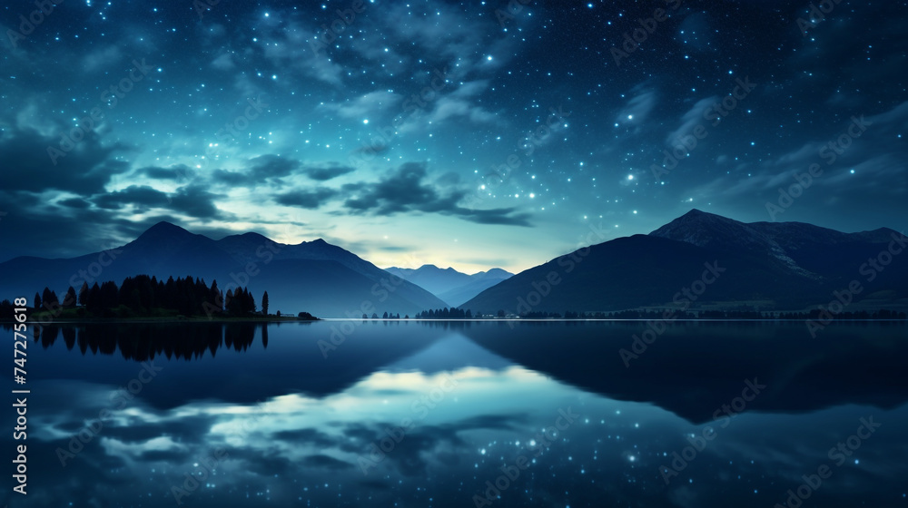 Dreamy surreal scenery of a starry night view of the mountain and the blue sky reflecting on the lake at night