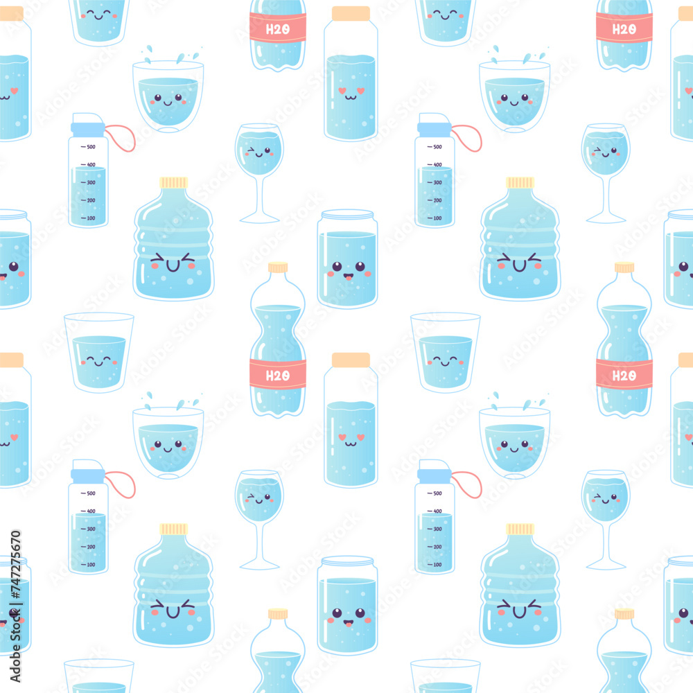 Water seamless pattern, soda, drink, bottle, can, h2o vector illustration Water seamless pattern, soda, drink, bottle, can, h2o vector illustration