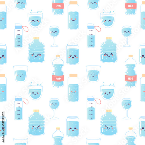 Water seamless pattern  soda  drink  bottle  can  h2o vector illustration