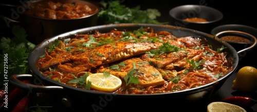 Hot and spicy sardine fish curry served on a table on a dark background