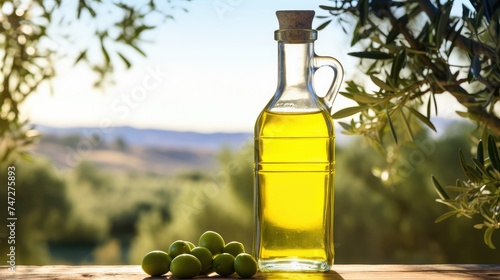 Golden Olive Oil Bottle on Wooden Table Overlooking Sunlit Hillside Landscape