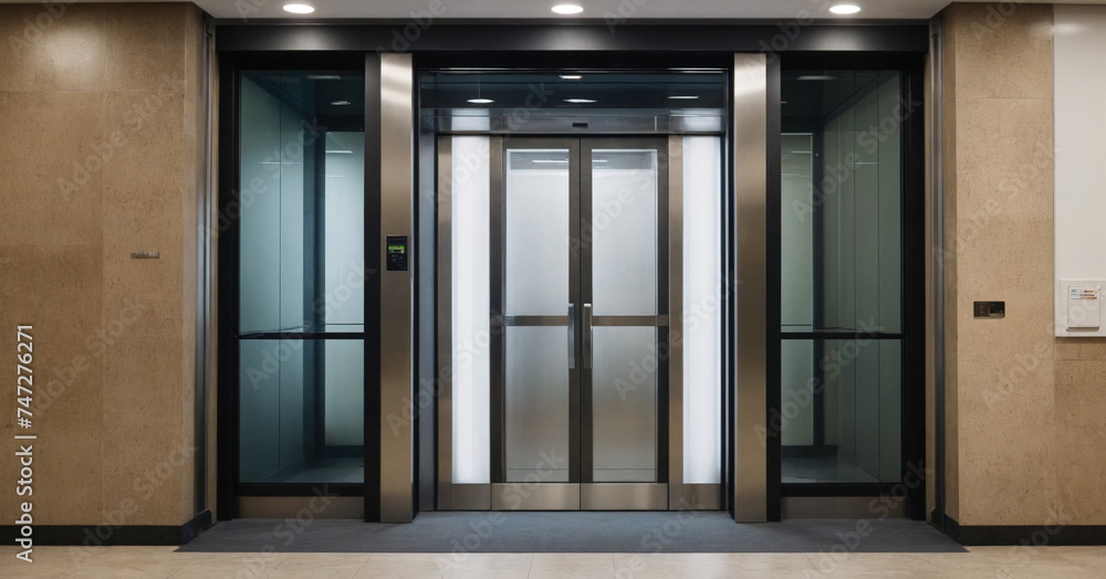 Fototapeta premium Modern elevator interior with open doors and sleek metallic design.