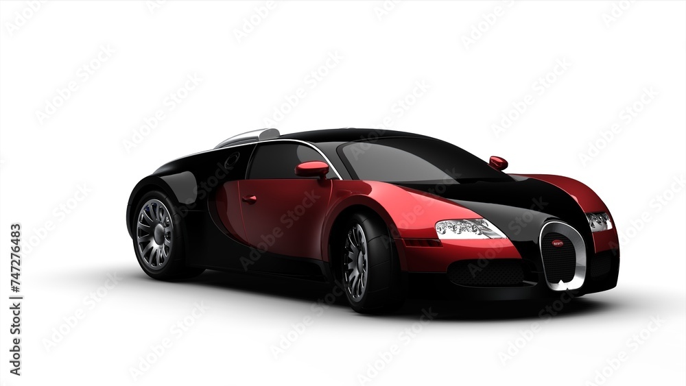 Modern red sports car on a white background with a shadow on the ground