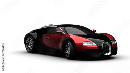 Modern red sports car on a white background with a shadow on the ground