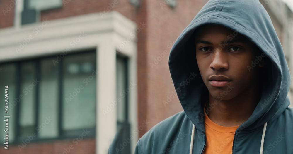A serious young African American man, aged 18 in an urban setting. A serious young African American man, aged 18 in an urban setting.