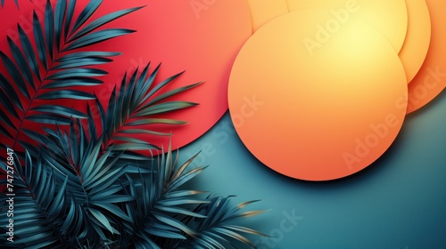 Abstract design with tropical leaves and stylized sun suggestive of summer warmth photo