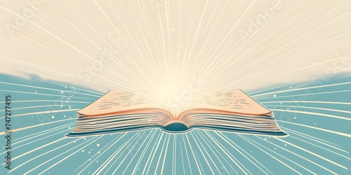 large open book with rays emanating from center of book in pastel colors, in style of a flat illustration, concept of educational resources,development and learning new things,copy space photo