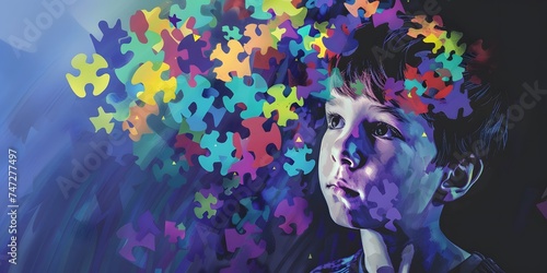 World Autism Awareness Day,banner,portrait of boy on background of colorful puzzles,place for text,digital illustration,concepts of inclusivity,diversity,awareness,mental illness and brain diseases photo