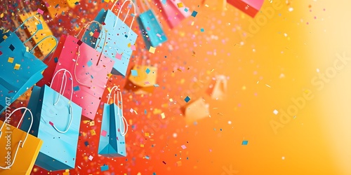 shopping bags flying with confetti, event sale and discount creative banner