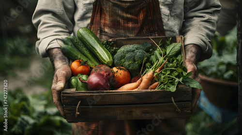  the hands of an unrecognizable farmer holding a box with organic vegetables and fruits photo