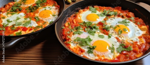 A close-up view of two skillets placed on a table, each filled with eggs sizzling in the pan. One skillet appears to be preparing Shakshuka, while the other is likely cooking Menemen. The eggs are