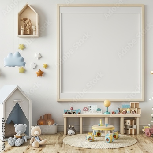 mock up white big photo frame in children playing room