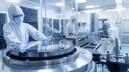 A stark sterile cleanroom environment with workers in lab coats and face masks huddled around a large intricate semiconductor fabrication machine. The clean and controlled