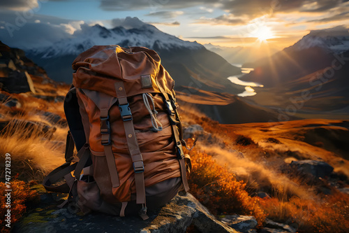 Landscape backpack placed on top of mountain with golden sunlight at sunset in evening. Hiking bag to carry equipment. Realistic clipart template pattern.	 photo