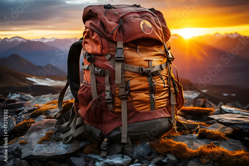 Landscape backpack placed on top of mountain with golden sunlight at sunset in evening. Hiking bag to carry equipment. Realistic clipart template pattern.	 photo