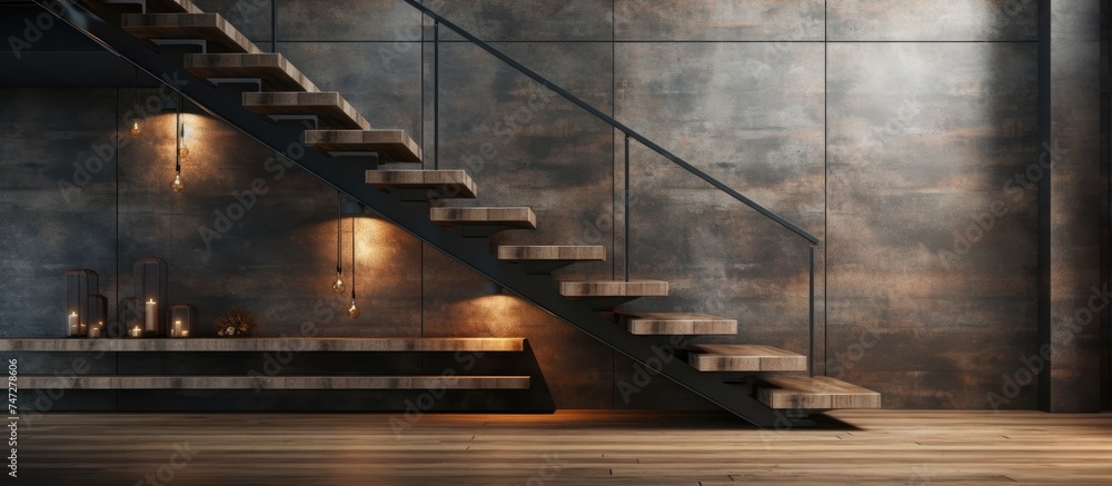 A set of iron stairs leading up to a higher platform, showcasing an industrial-themed design with raw material use. A set of iron stairs leading up to a higher platform, showcasing an industrial-themed design with raw material use.