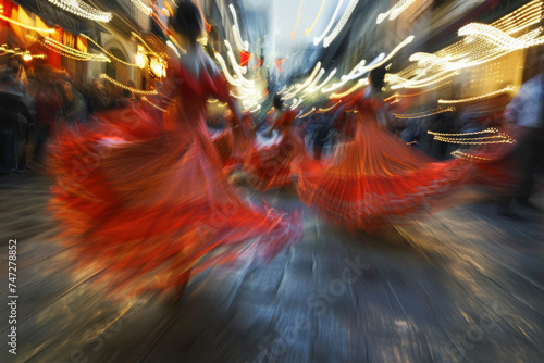  Flamenco Dancers: Render scenes of flamenco dancers performing on floats or in the streets, using a motion blur effect to convey the passion and energy of the dance.