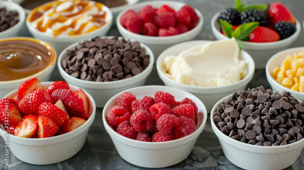 Gourmet ice cream toppings display, assorted bowls of berries, chocolate chips, and caramel sauce, ready for customizing treats Gourmet ice cream toppings display, assorted bowls of berries, chocolate chips, and caramel sauce, ready for customizing treats