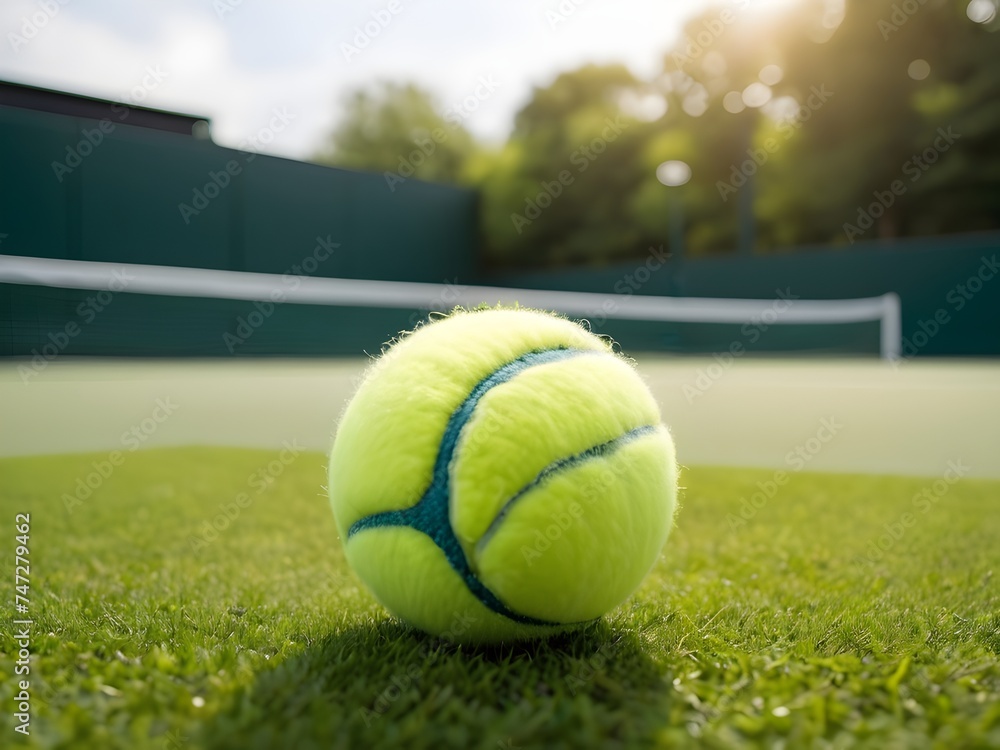 Soft focus of a tennis ball on grass court.